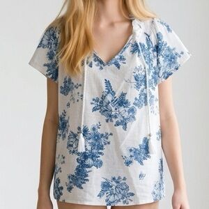 Blue Floral V-Neck Women's Blouse